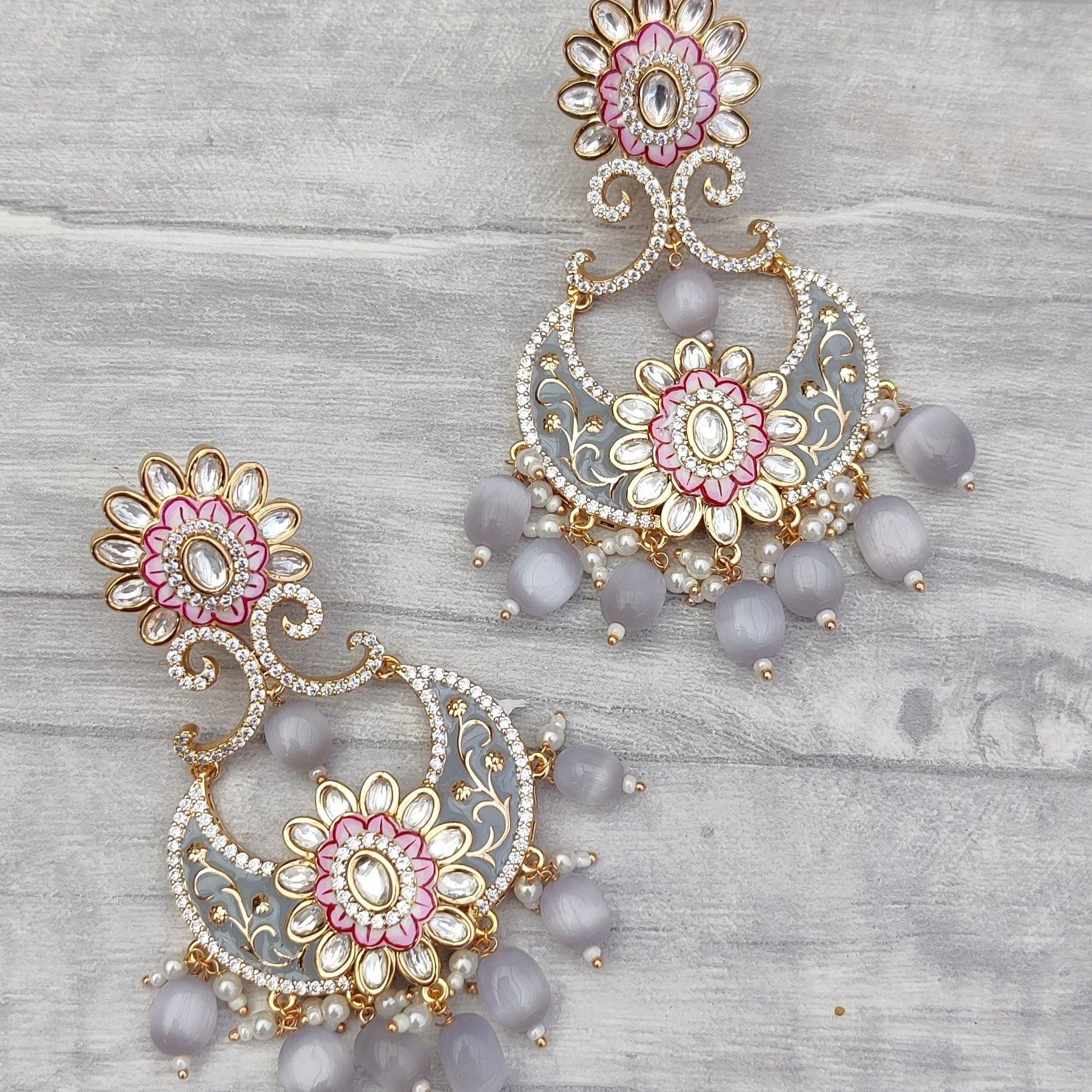 Grey Indian Asian Meenkari Kundan Earrings Party Wedding
