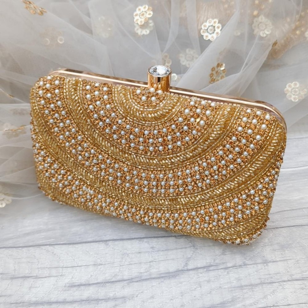 Antique Gold Pearl Indian Asian Pearl Stone Clutch Bag Purse Wedding Bridal  — Glimour Jewellery