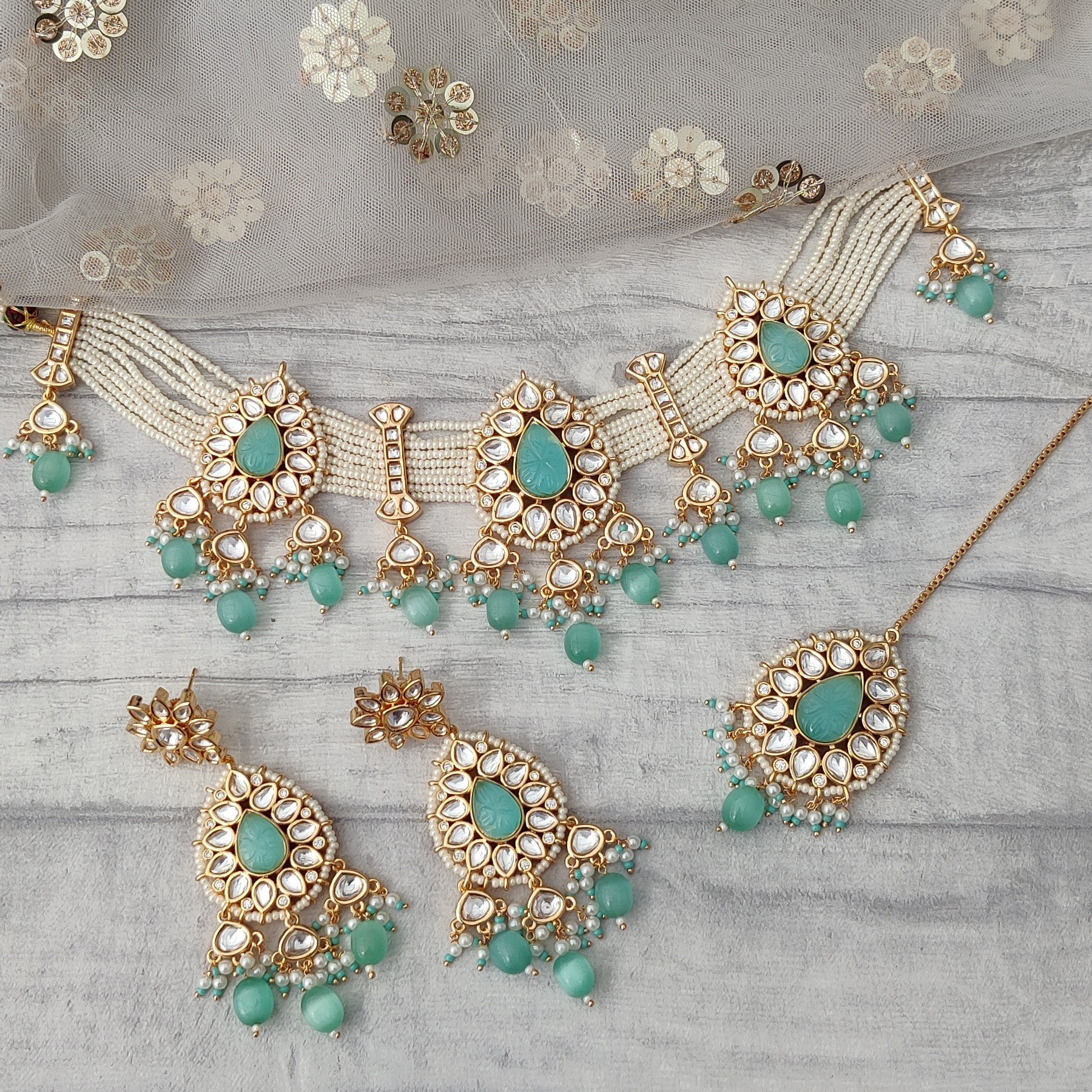 Kundan Necklace Set in Silver And Sea Green Colour By Pink Box Jewellery -  Pink Box Jewellery