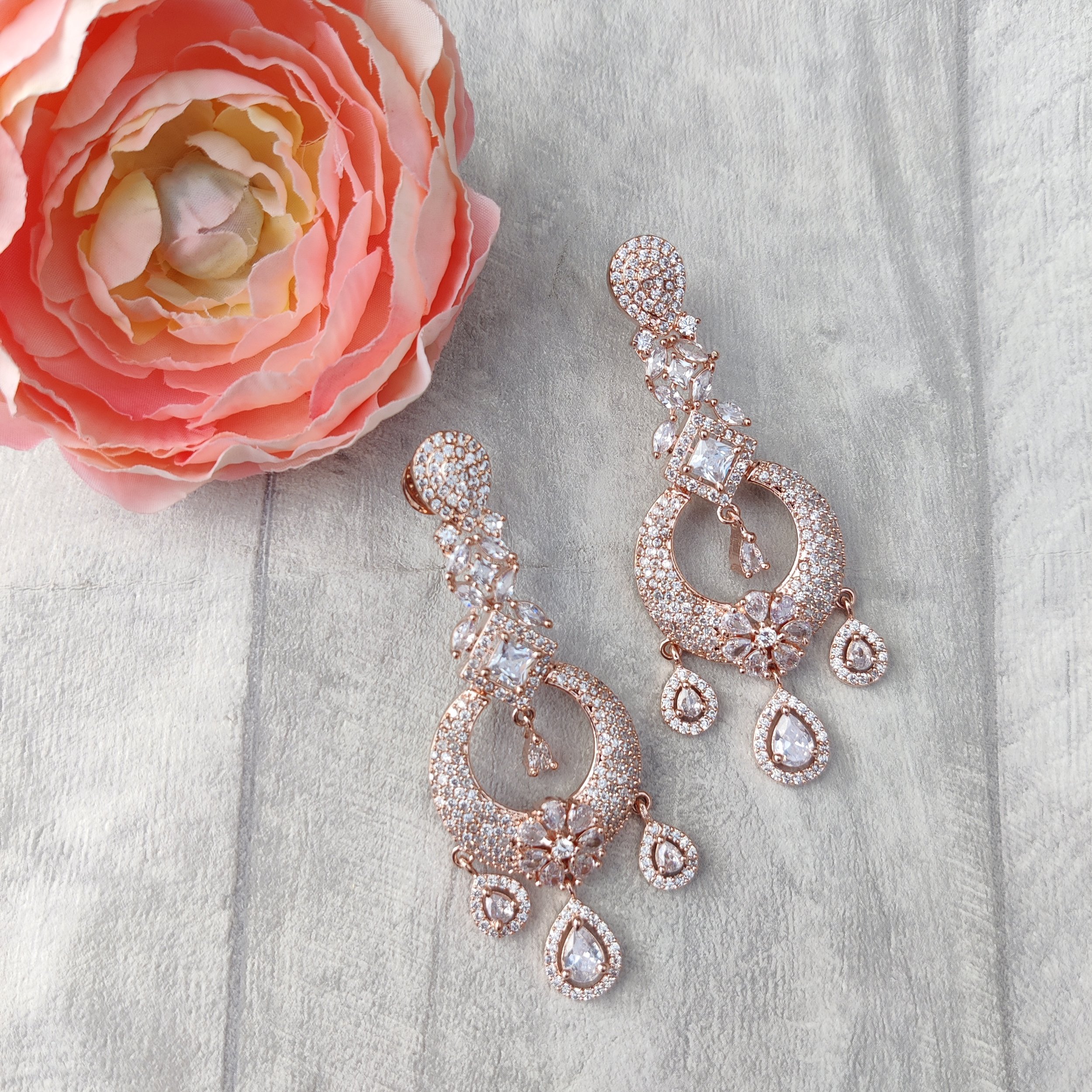 Rose Gold Silver Cubic Zirconia Stone Chandelier Earrings