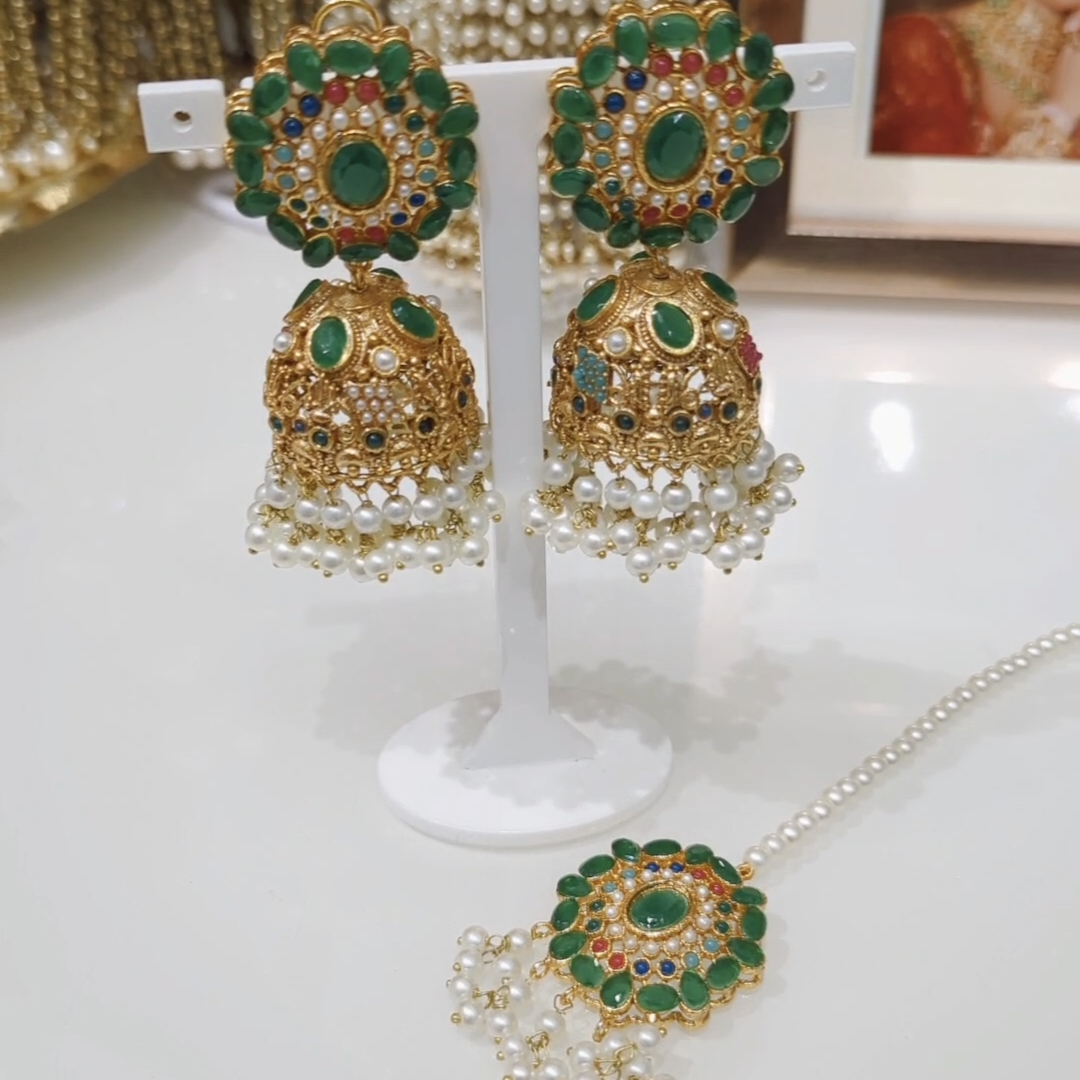 Green Multi Champagne Gold 'MAHIBA' Jhumki Tikka Earring Set
