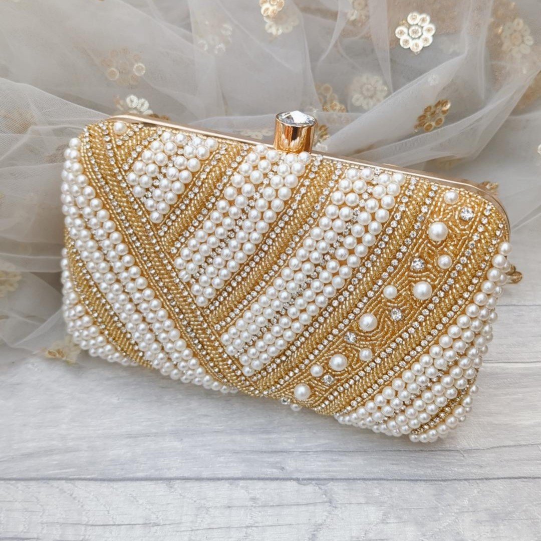 Shop Rubans Beige Colour Clutch Bag With Design Of Studded Stones And Pearls  Online at Rubans