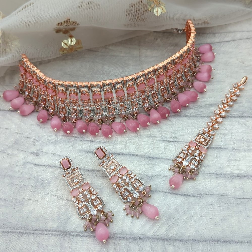 Indian Wedding Bridal AD Bollywood Pink American Diamond Choker CZ Necklace  Set
