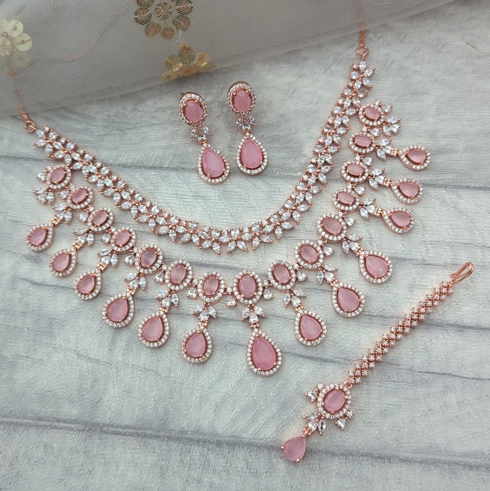 Baby Pink Rose Gold Silver Cubic Zirconia American Diamond Bridal Necklace  Set — Glimour Jewellery