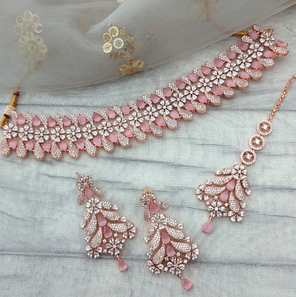 American Diamond rose gold set|Pink Diamond Luxury look CZ Diamond Choker  Necklace|Indian Wedding jewelry |Bollywood bridal set|Gift for her