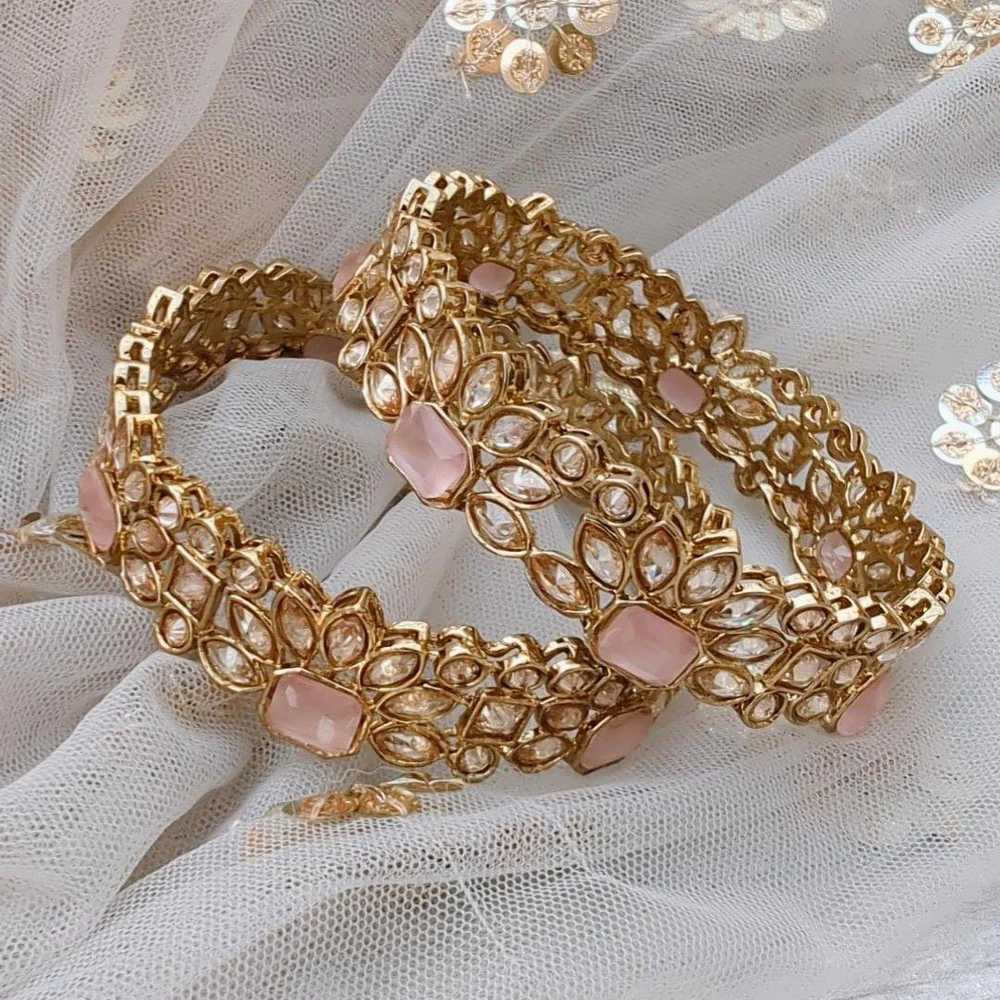 Baby Pink Antique Gold Indian Asian Polki Stone Kangan Bangles