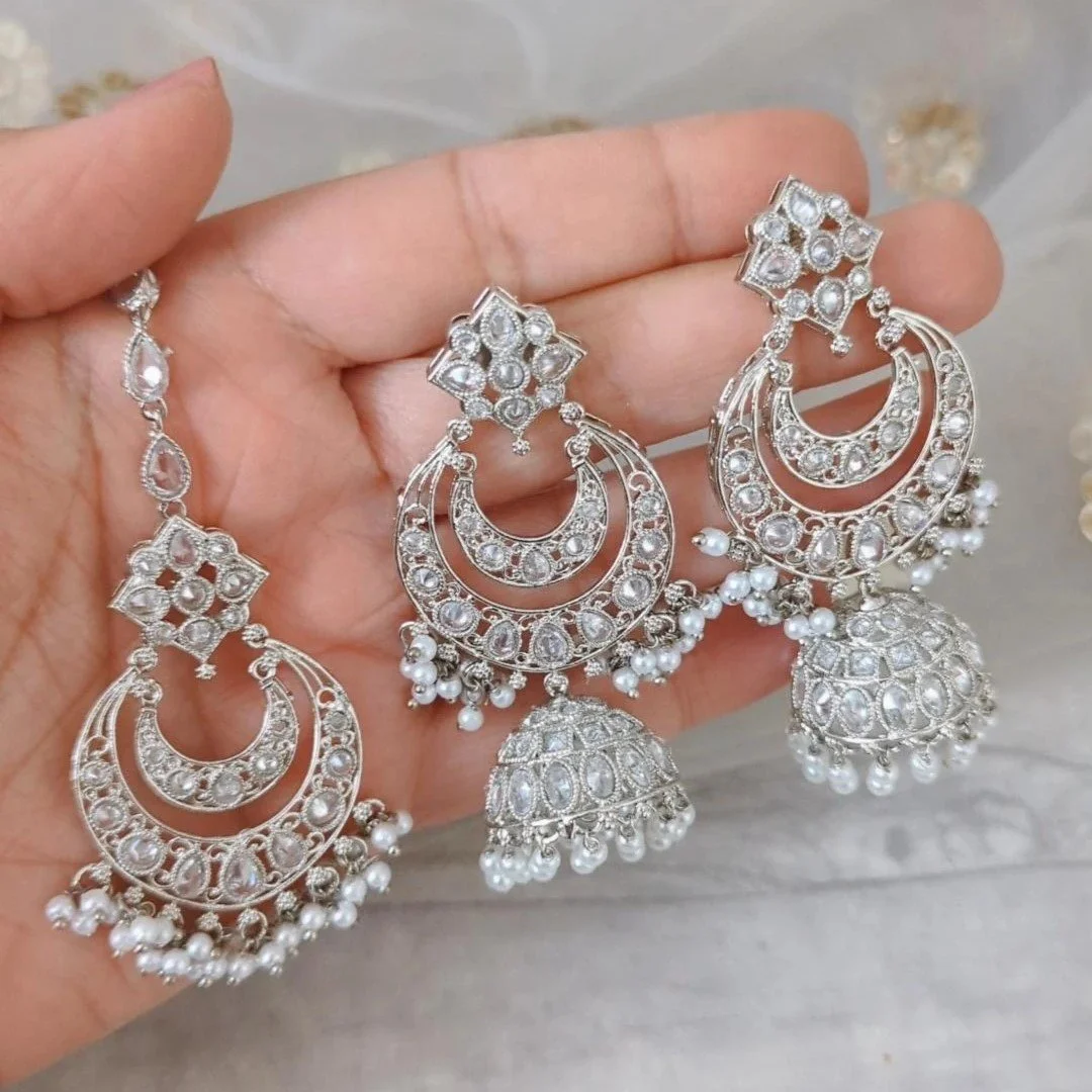 Full Silver Indian Asian Polki Crystal Jhumki Earring Tikka Set Wedding  Party — Glimour Jewellery