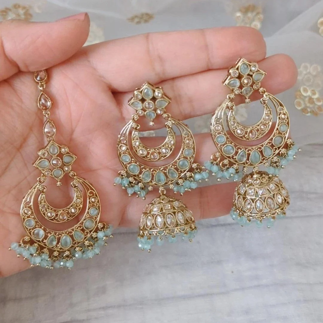 Mint Antique Gold Indian Asian Polki Crystal Jhumki Earring Tikka Set  Wedding Party — Glimour Jewellery
