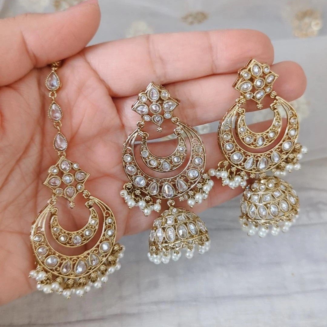 Kundan Earrings Tikka With Earrings Gold Silver Indian Asian Polki