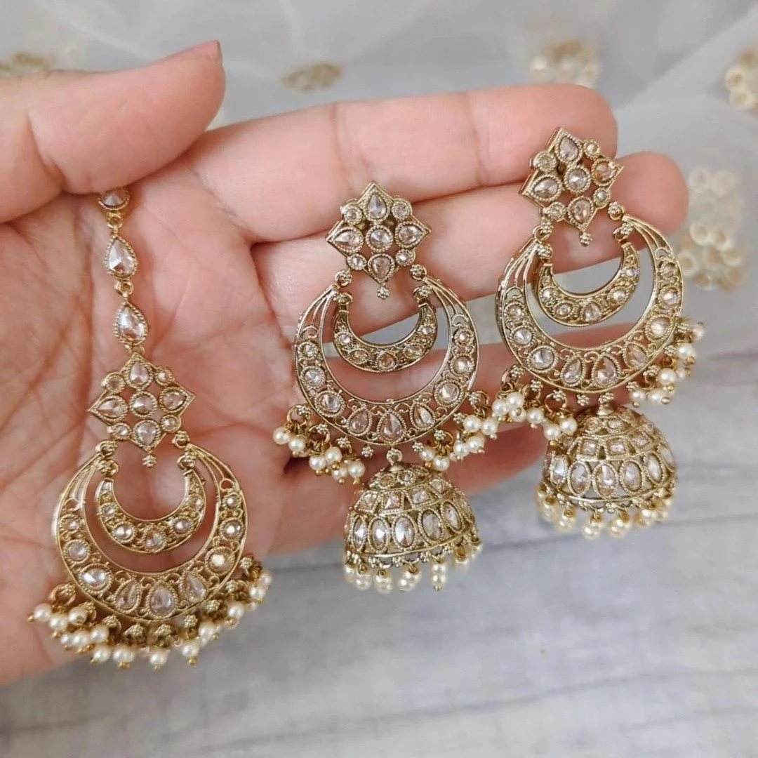 Antique Gold Indian Asian Polki Crystal Jhumki Earring Tikka Set Wedding  Party — Glimour Jewellery
