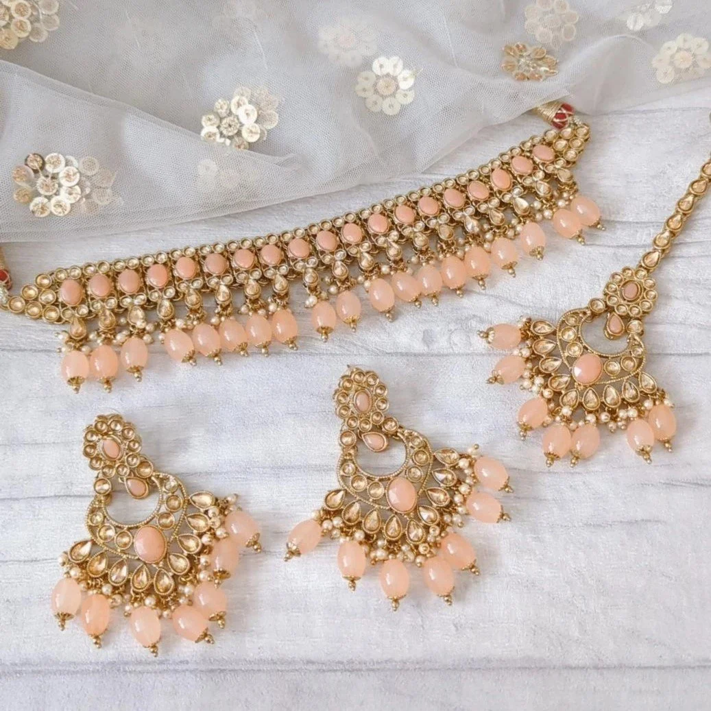 Peach Indian Jewelry Set Peach Antique Gold Indian Asian Choker