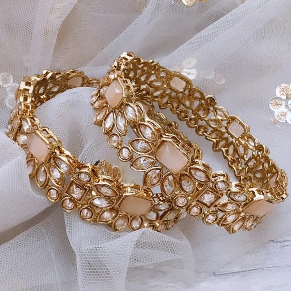 Pair of Peach Nude Antique Gold Indian Asian Polki Stone Kangan