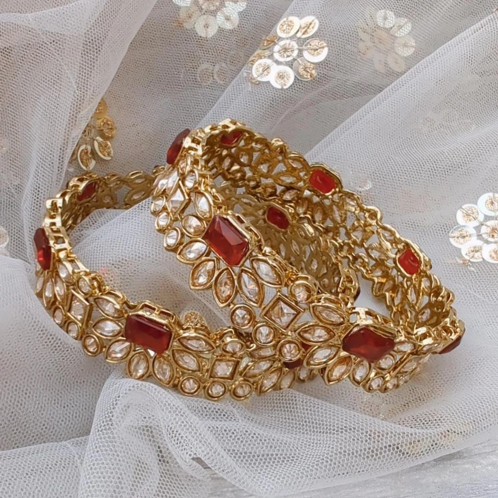 Pair of Maroon Antique Gold Indian Asian Polki Stone Kangan