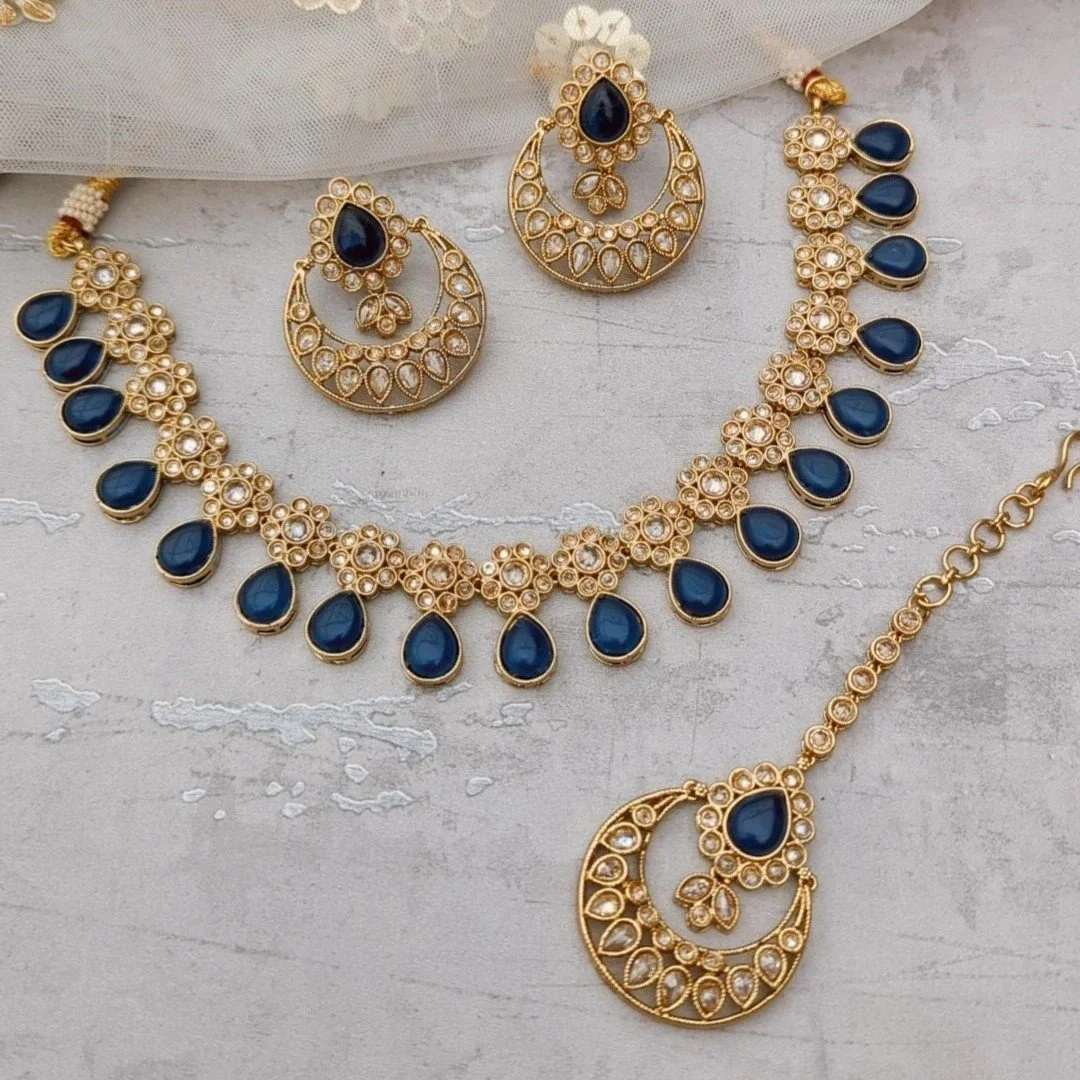 Dark Blue Antique Gold Indian Asian Flexible Polki Stone Necklace Jewellery Set — Glimour Jewellery