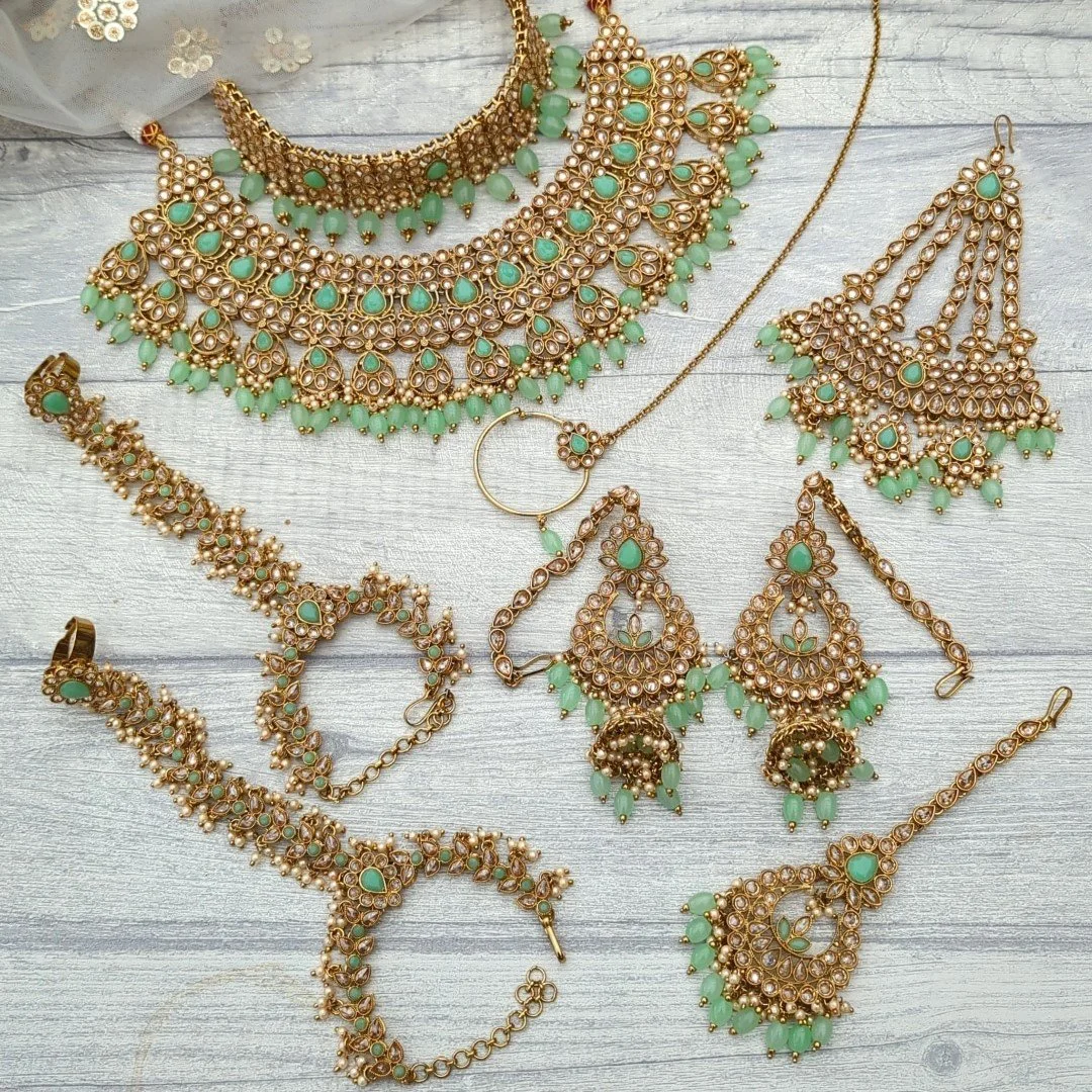 Mint Antique Gold Indian Asian Full Bridal Necklace Jewellery Jewelry Set  Wedding — Glimour Jewellery