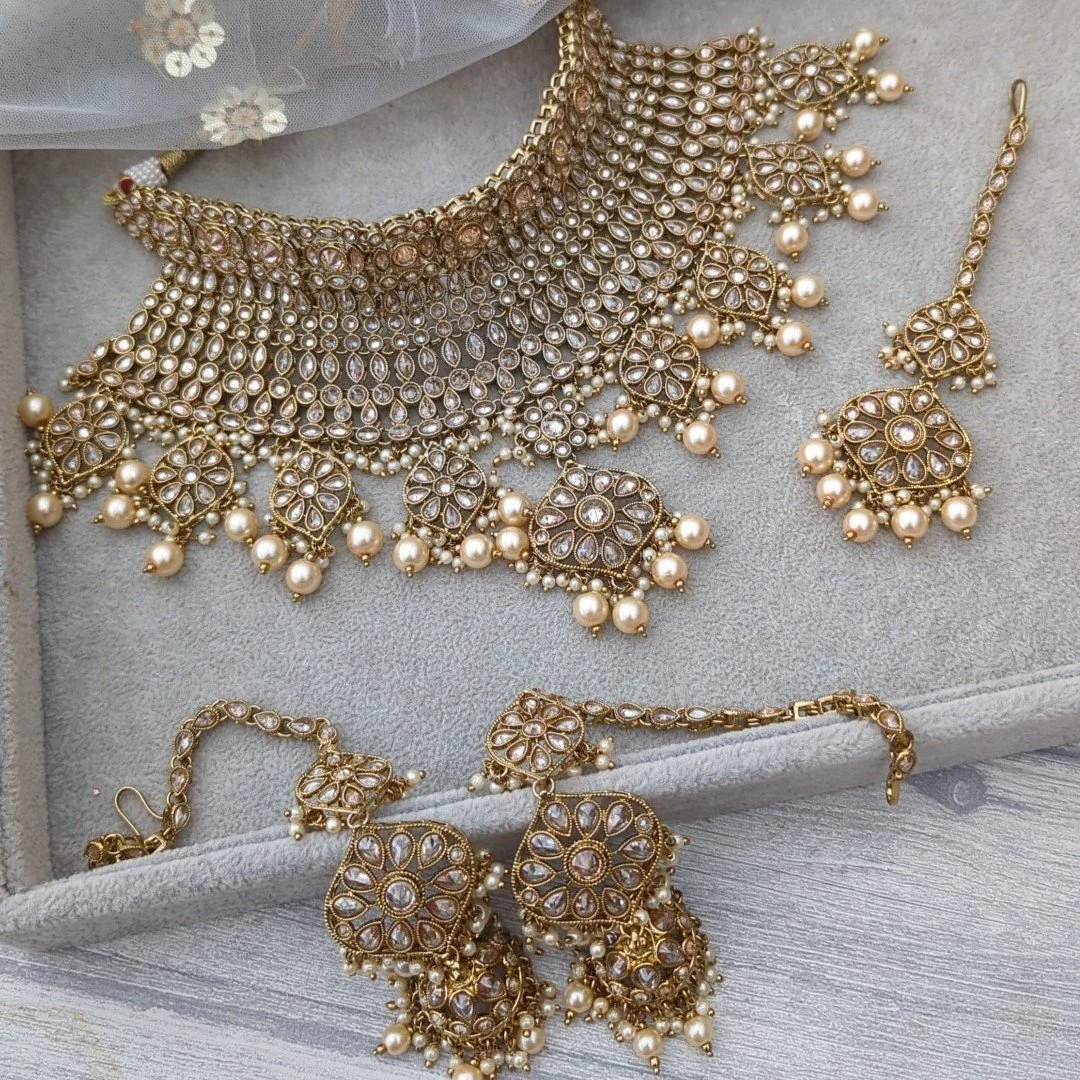 Antique Gold Polki Crystal Indian Asian Bridal Necklace Jewellery Set  Wedding — Glimour Jewellery