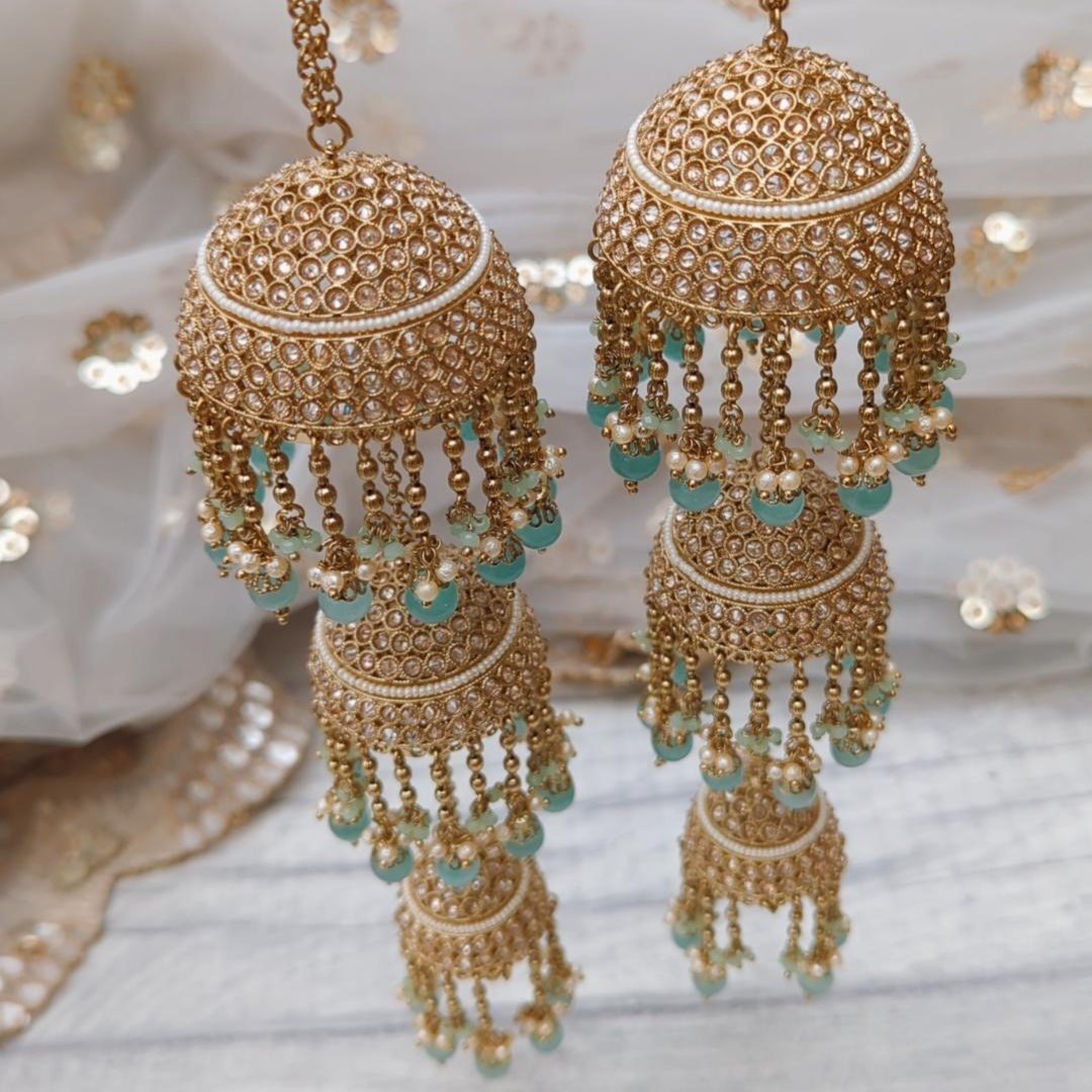 Pair of Mint Antique Gold Full Stone 'BARNALA' Tiered Kaleerey Kalire