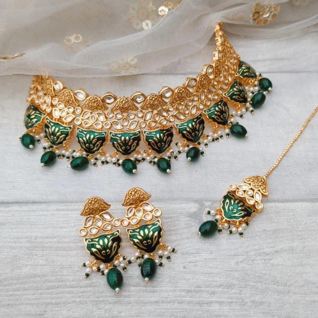 Green Gold Silver Meenakari Kundan Choker Necklace Jewellery Set — Glimour  Jewellery