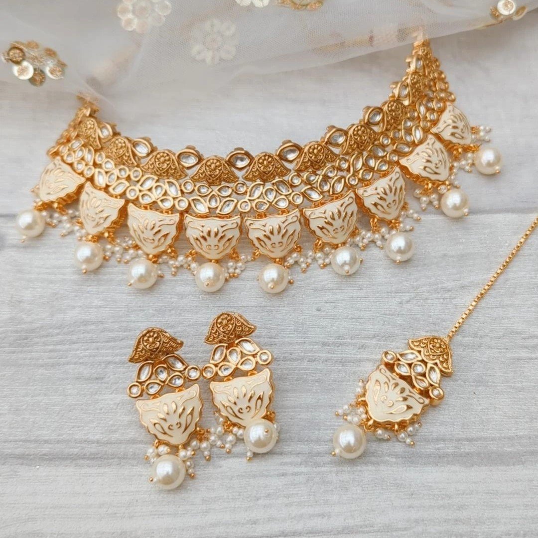 Ivory Gold Silver Meenakari Kundan Choker Necklace Jewellery Set