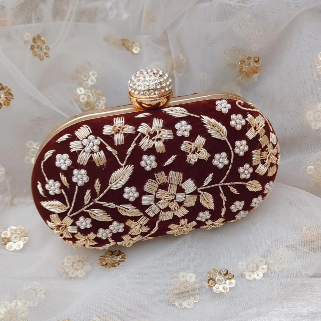 Maroon Pearl Sequin Oval Bridal Party Wear Indian Asian Clutch Bag Purse