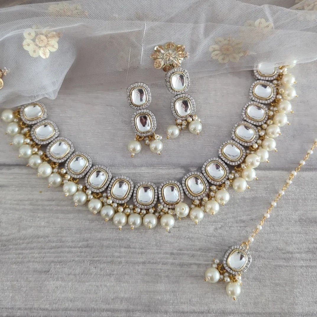 Gold Silver Foil Kundan Flexible Indian Asian Choker Necklace Jewellery Set Wedding Party