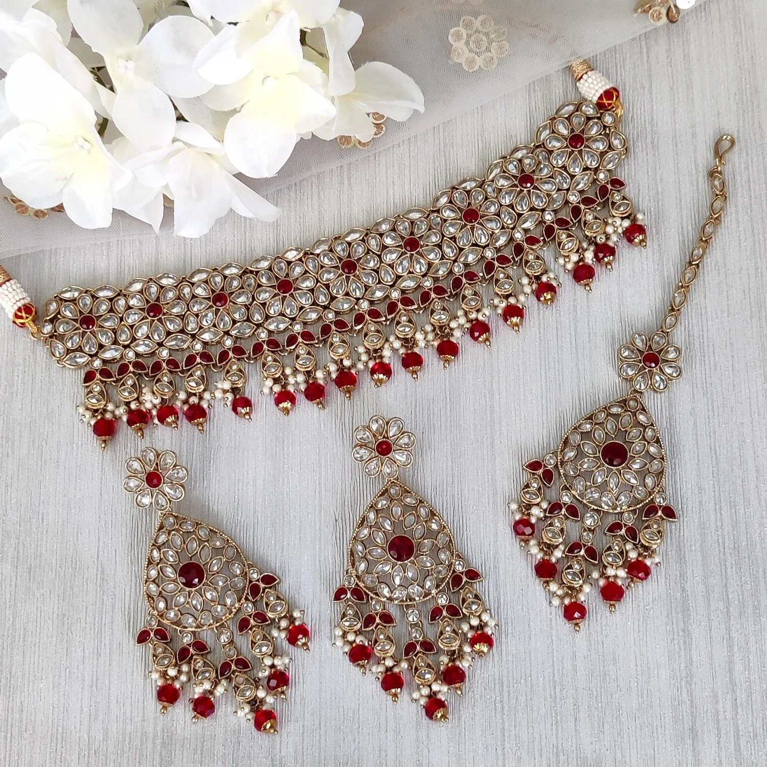 Maroon Gold Silver Indian Asian Polki Crystal Choker Necklace Jewellery Set  — Glimour Jewellery - Main Image