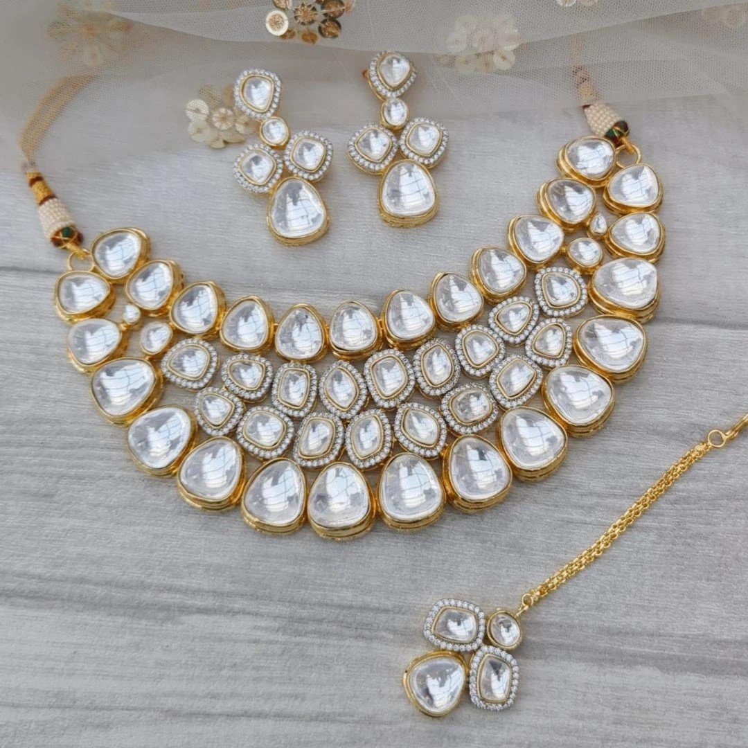 Gold Silver Uncut Kundan Cubic Zirconia Necklace Jewellery Set