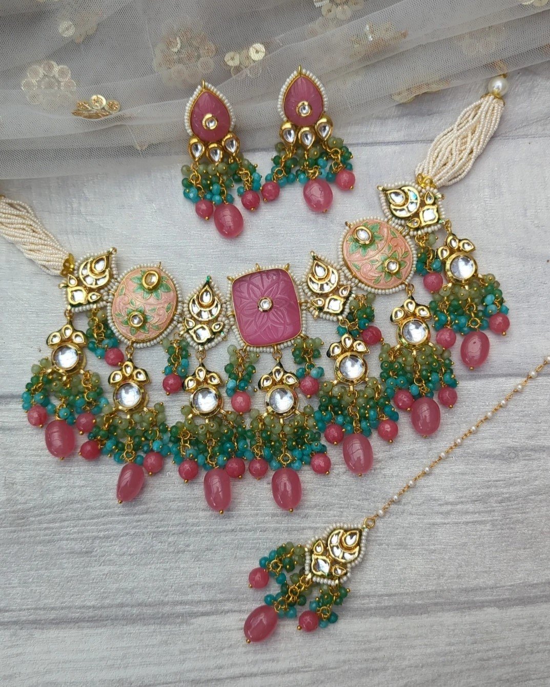 Dusty Pink & Green Flexible Meenakari Kundan Choker Jewellery Set