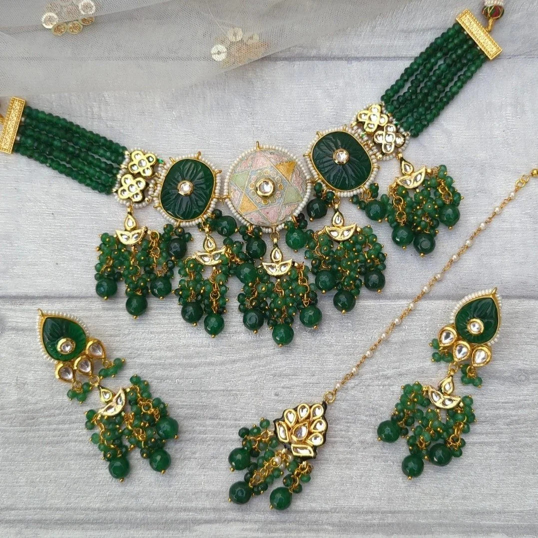 Green Pastel Meenakari Kundan Indian Asian Choker Necklace Jewellery Set  — Glimour Jewellery