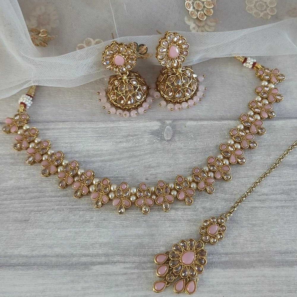 Baby Pink Antique Gold Simple Indian Asian Polki Crystal Necklace Jewellery  Set Wedding Party — Glimour Jewellery