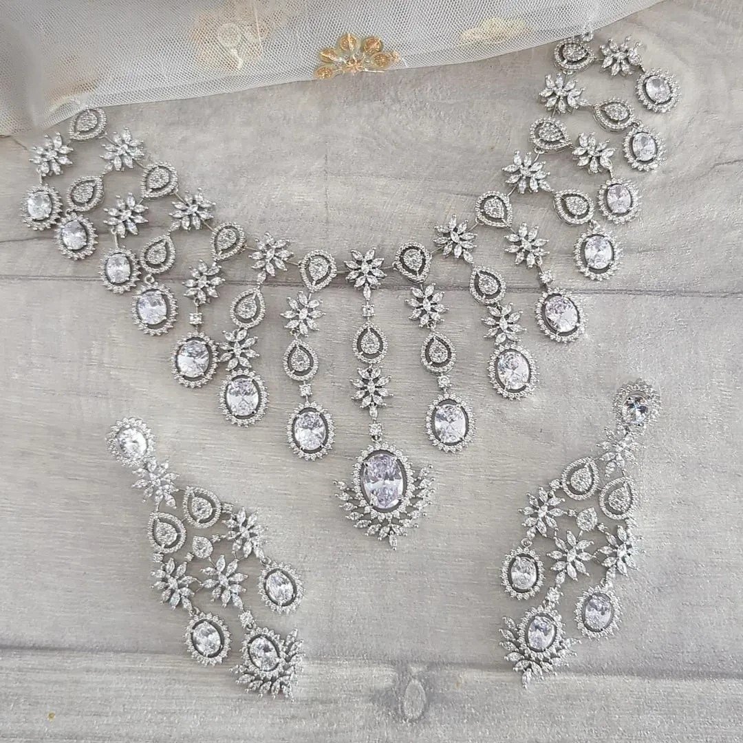 Full Silver Cubic Zirconia Waterfall Necklace Jewellery Set