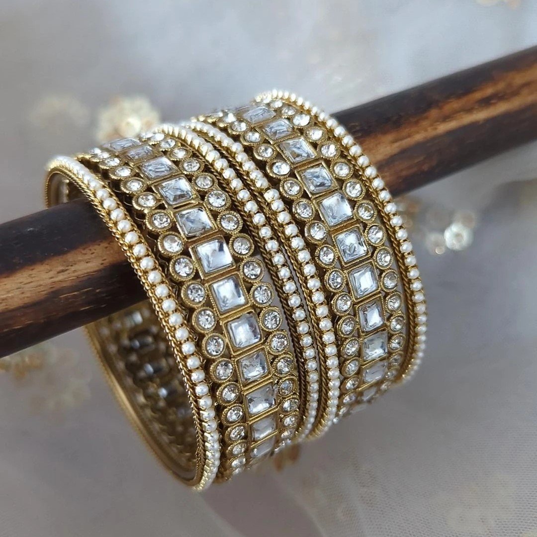 Set of 6 Gold Silver Pearl Bangle Set