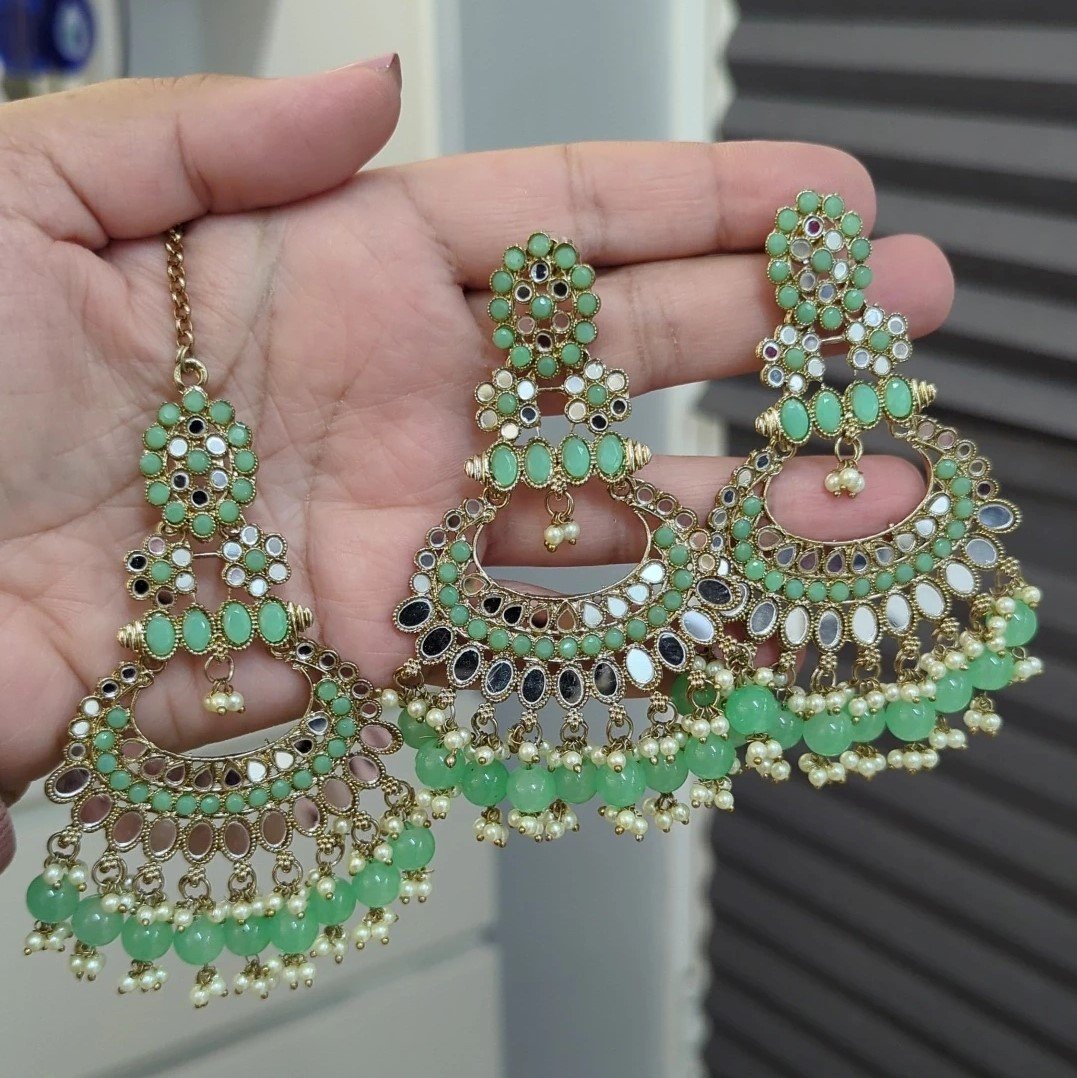 Mint Gold Silver Mirror Stone Tikka Earring Set Lightweight
