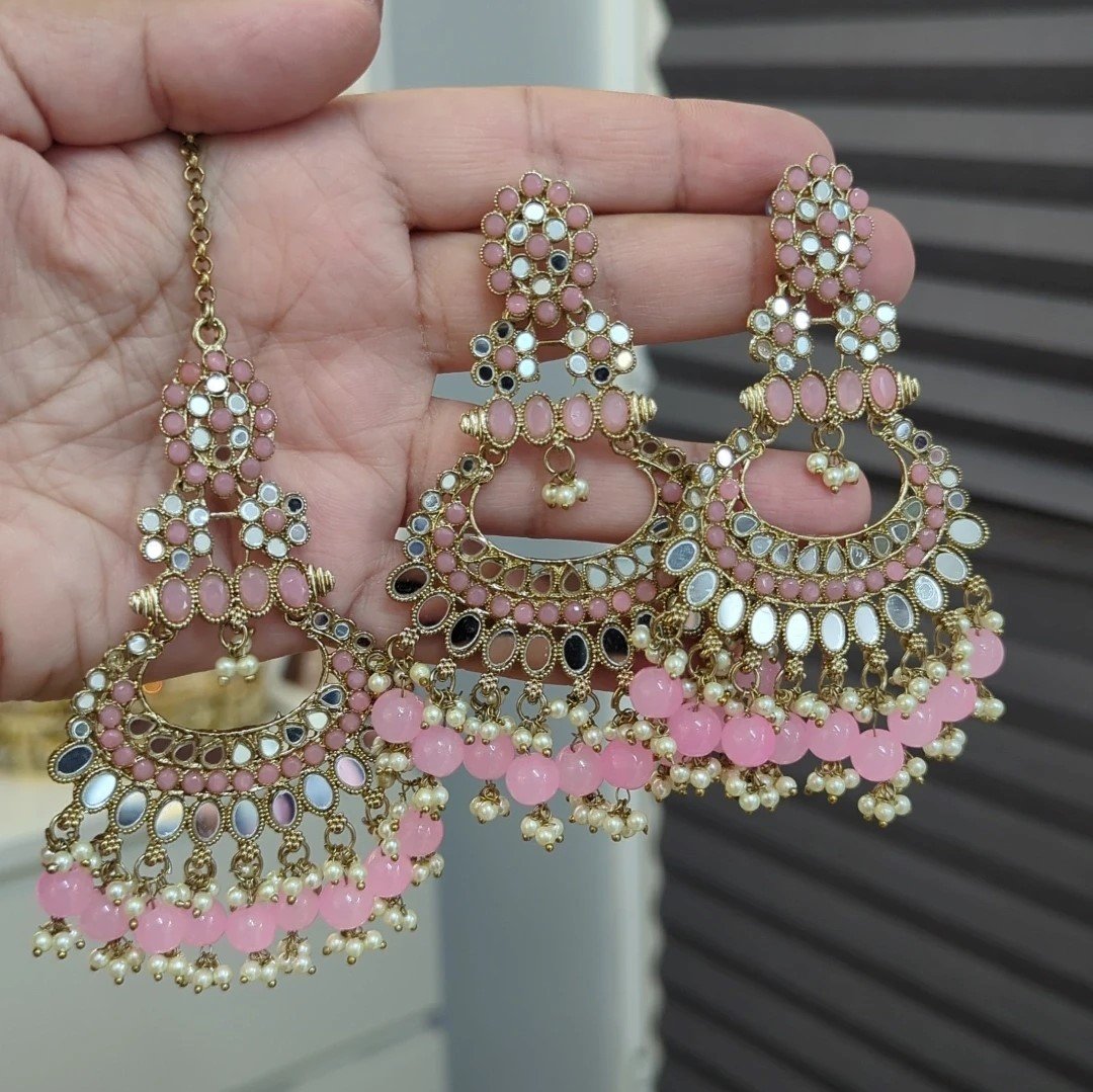 Baby Pink Gold Silver Mirror Stone Tikka Earring Set Lightweight