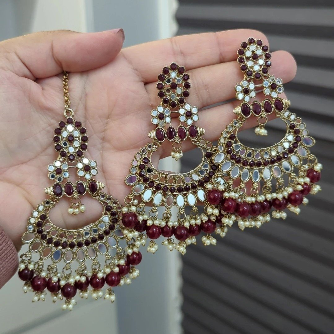 Maroon Gold Silver Mirror Stone Tikka Earring Set Lightweight