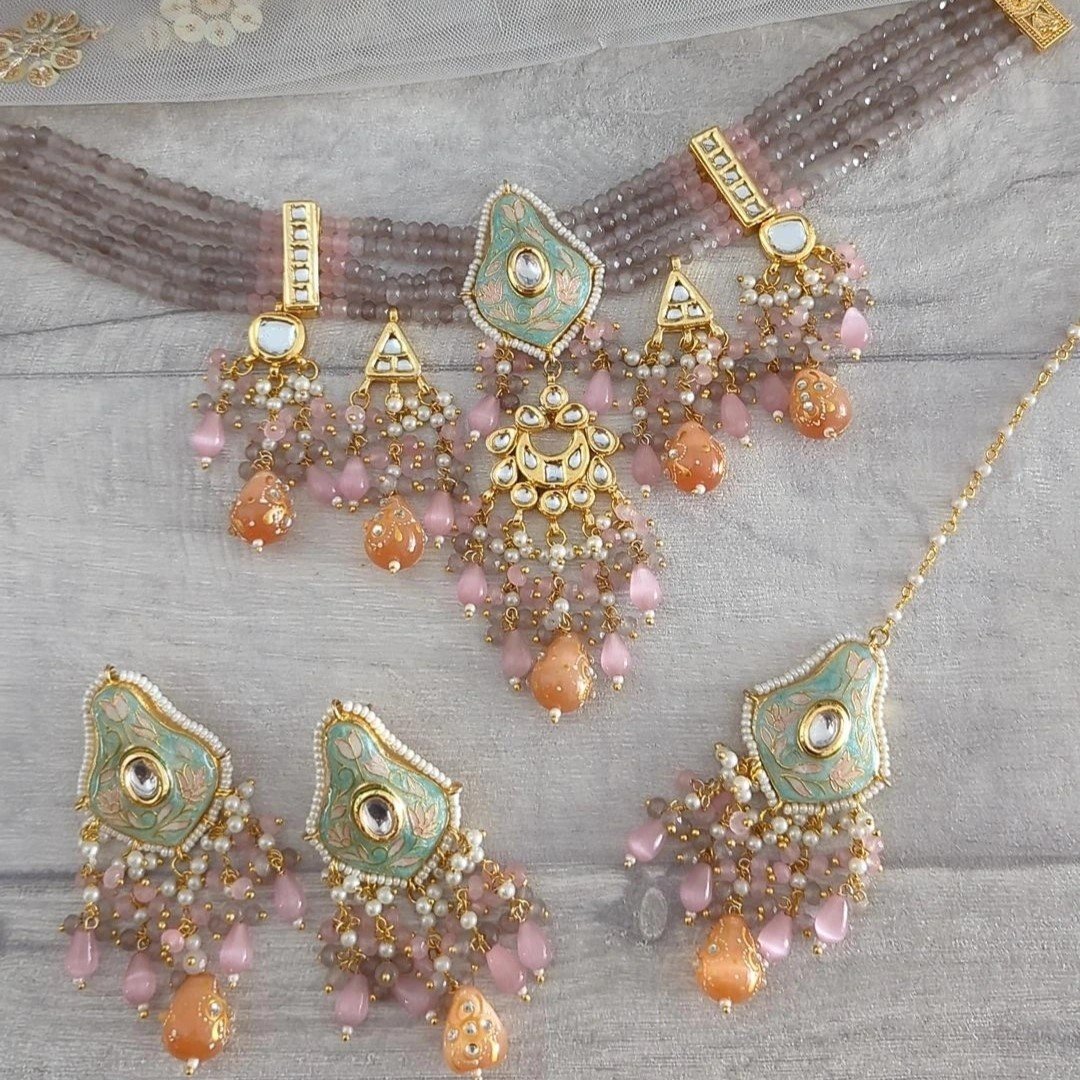 Muted Grey Peach Mint Flexible Meenakari Kundan Choker Necklace Jewellery Set