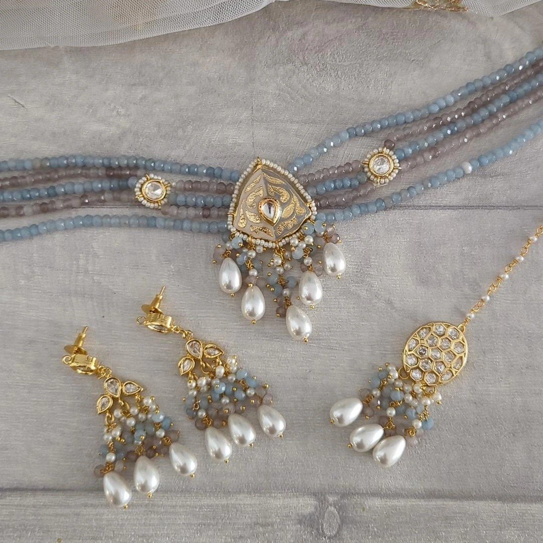 Baby Blue Grey Muted Meenakari Choker Jewellery Set