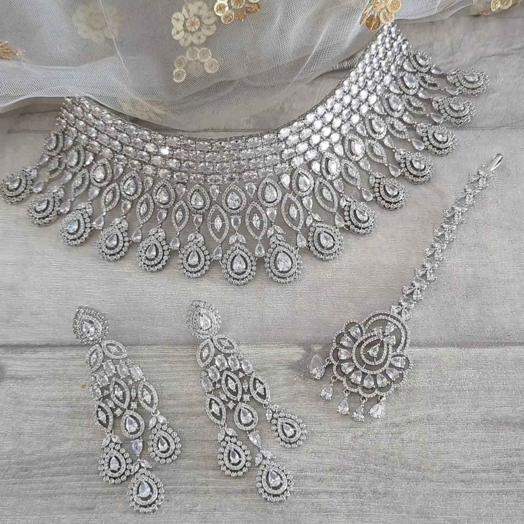 Full Silver Statement American Diamond Choker Necklace Jewellery Set