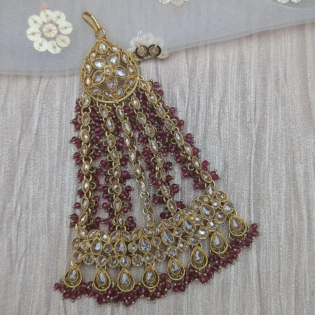 Ruby Pink Antique Gold Pearl Polki Kundan Indian Asian Pakistani Jhoomer Pasa Headpiece Bridal