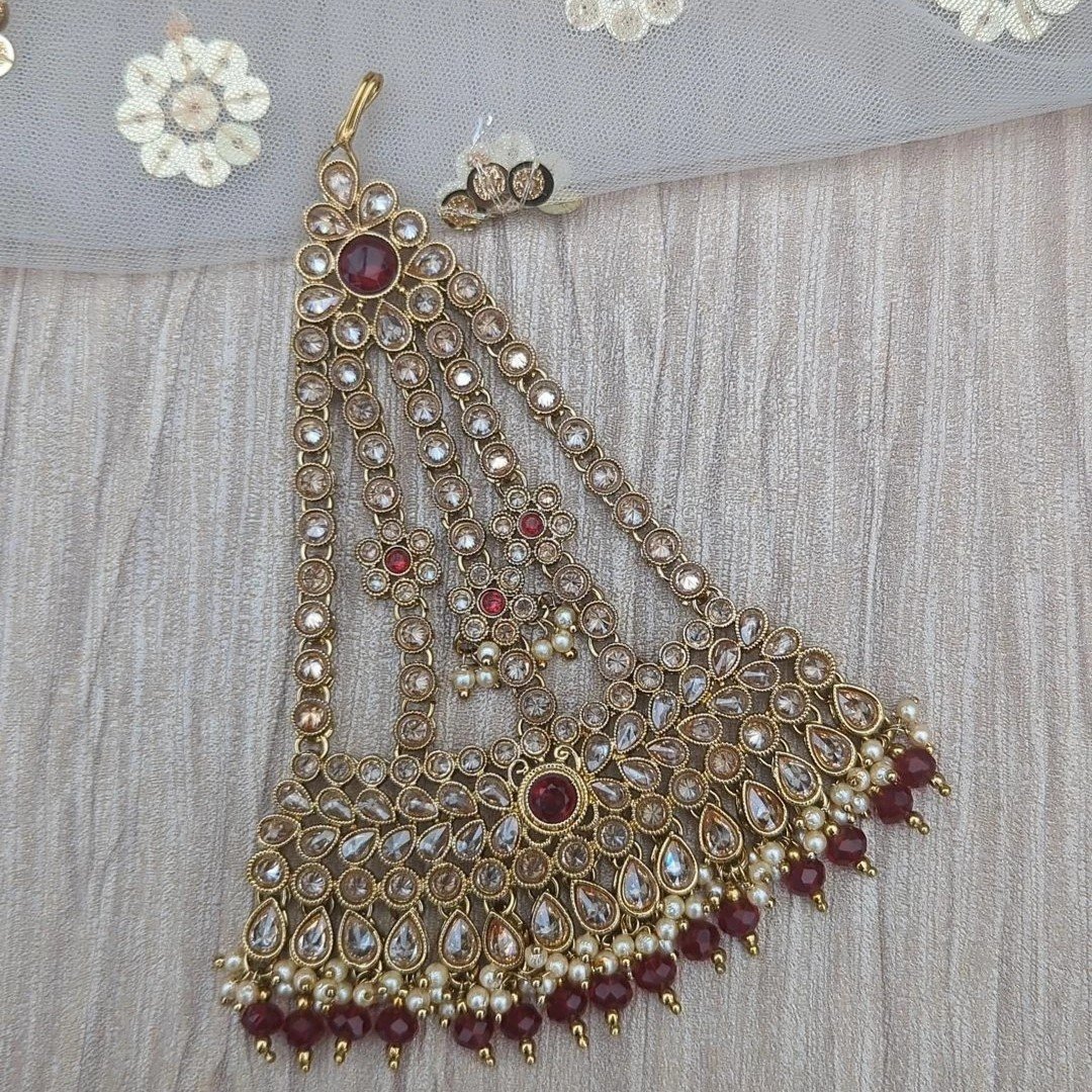 Maroon Antique Gold 'MANARA' Jhoomer Pasa Headpiece
