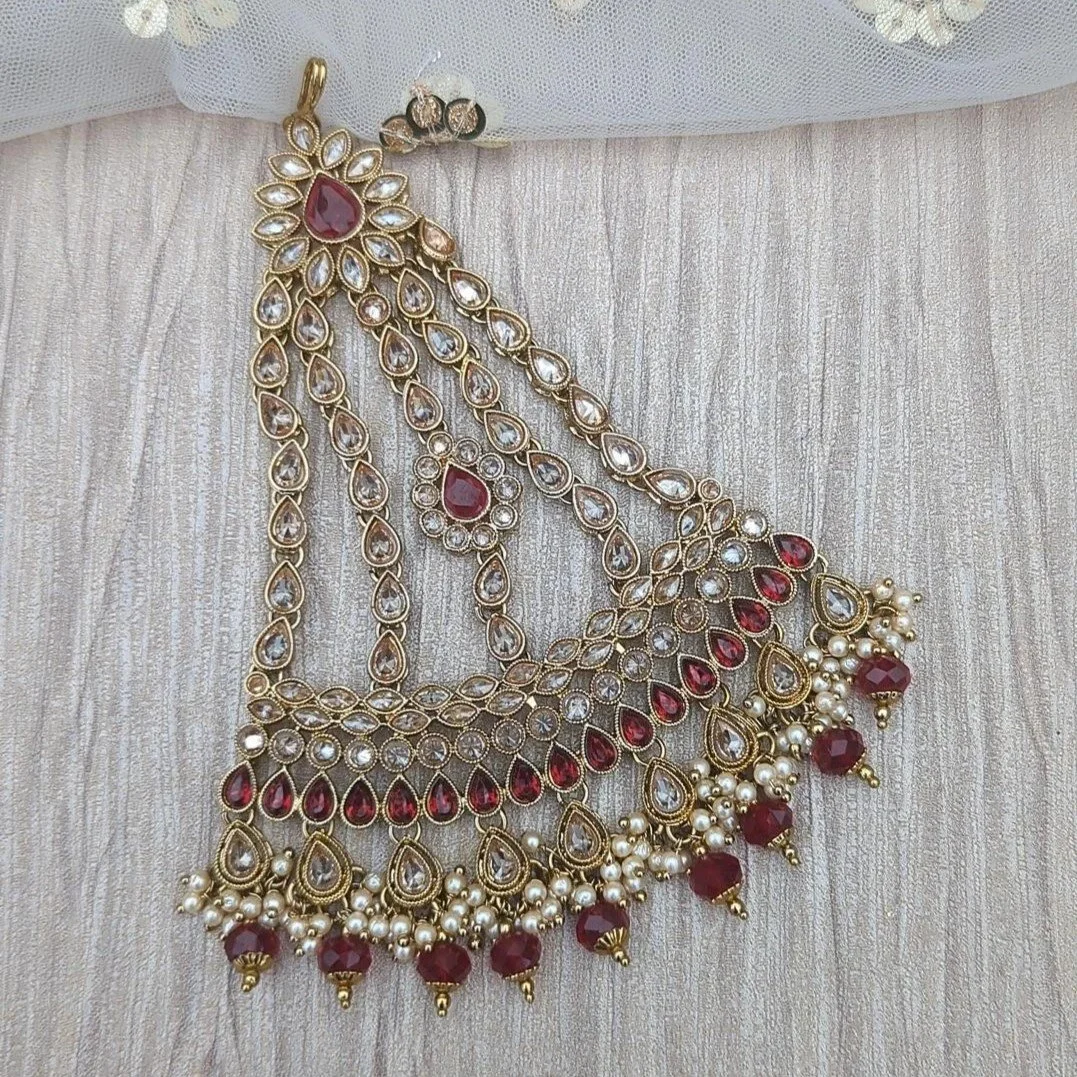 Maroon Antique Gold Indian Asian Polki Stone Headpiece Jhoomer Pasa