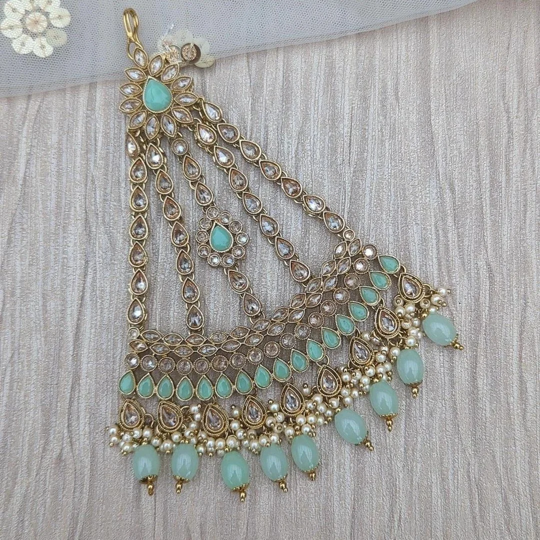 Mint Antique Gold Indian Asian Polki Stone Headpiece Jhoomer Pasa