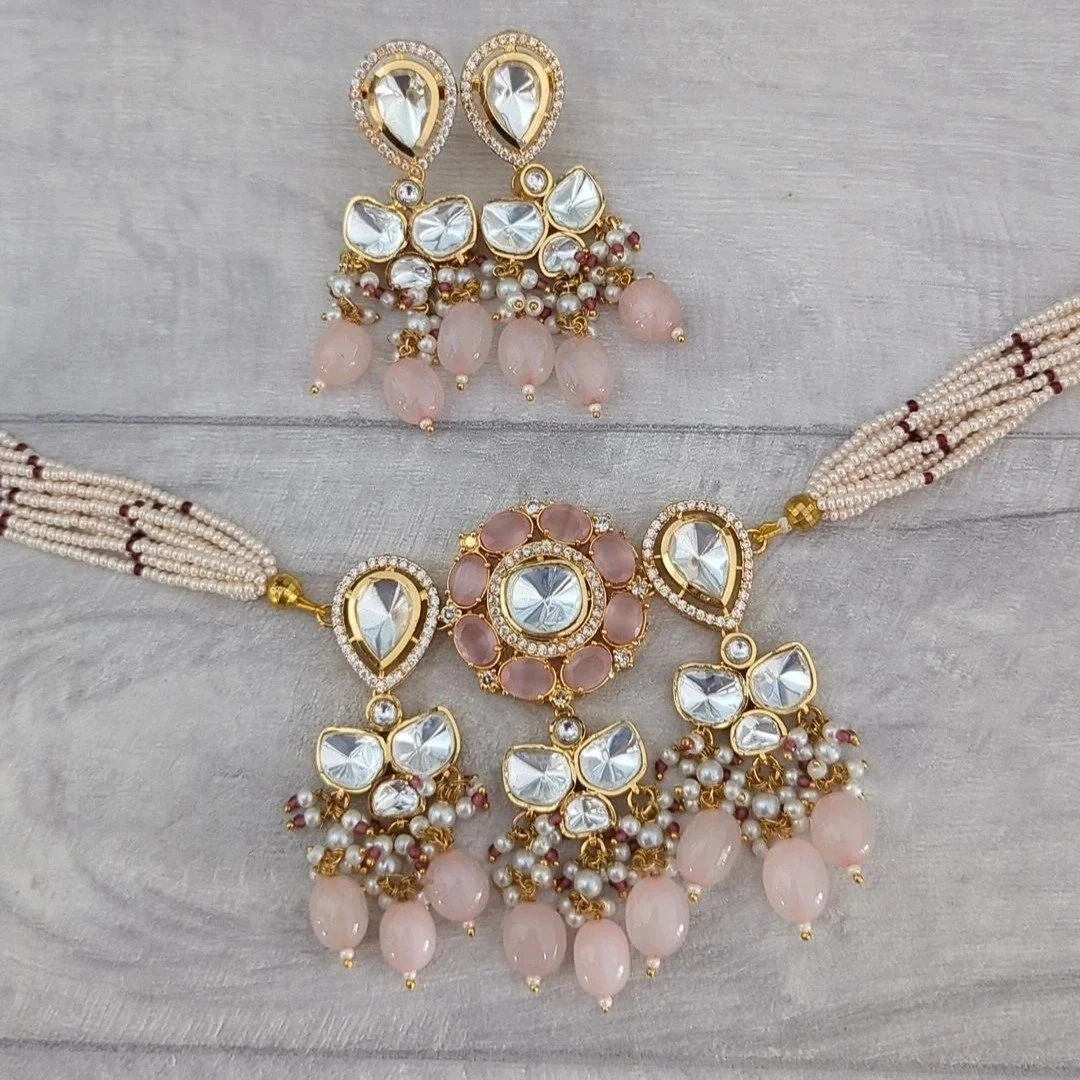 Muted Baby Pink Gold Silver Uncut Kundan Indian Asian Choker