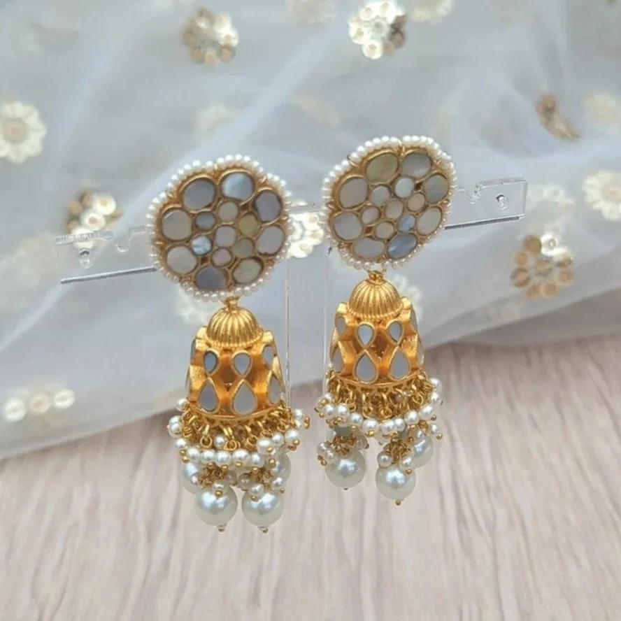 Beautiful Pair of Mother of Pearl Indian Asian Jhumki Earrings