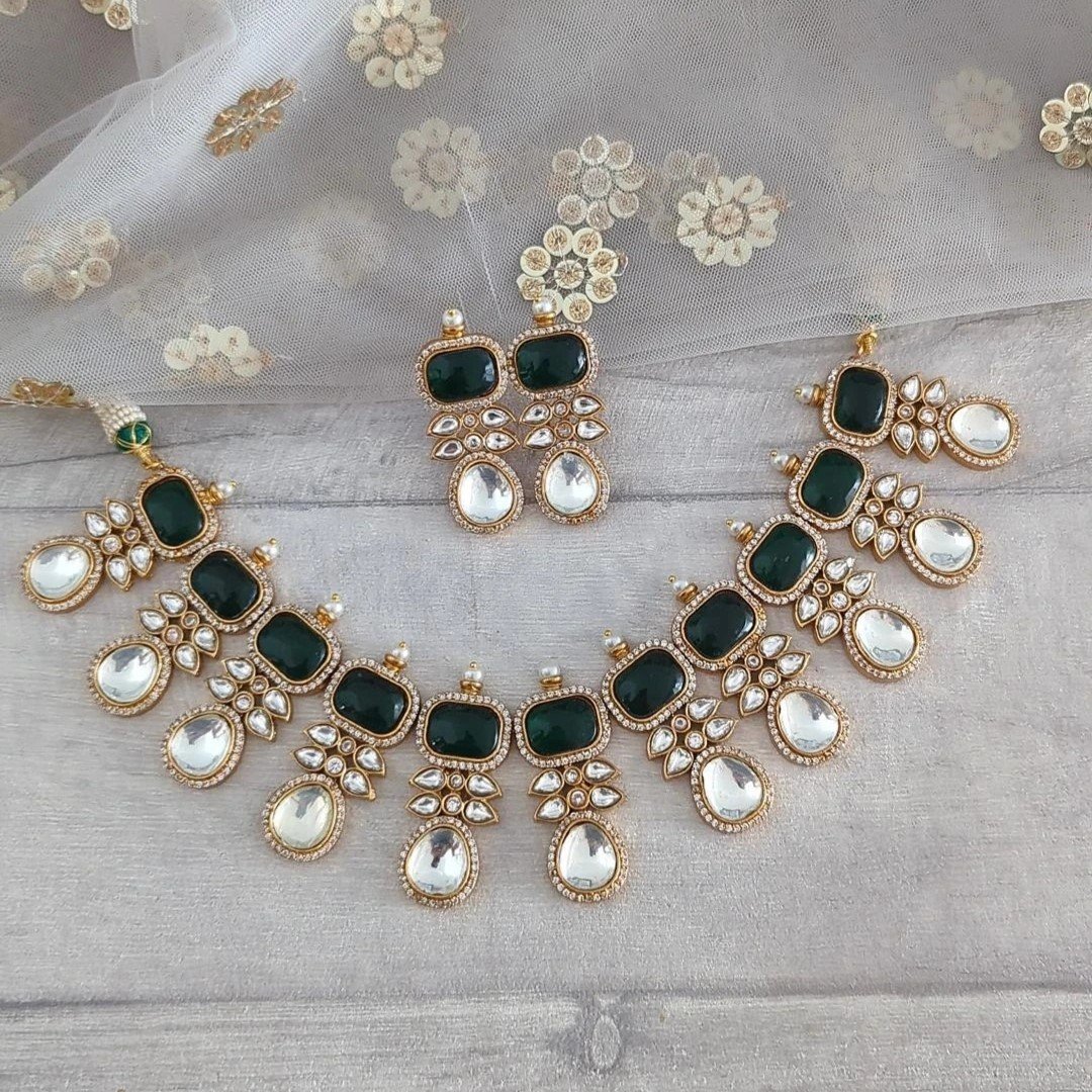 Green Gold Silver Uncut Kundan Cubic Zirconia Necklace Jewellery Set