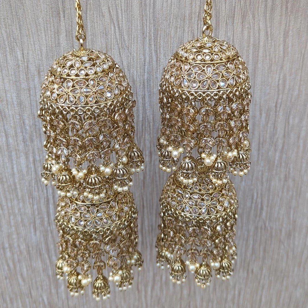 Pair of Antique Gold Full Stone Jhumki Drop 'AMRITSAR' Polki Bridal Kaleerein