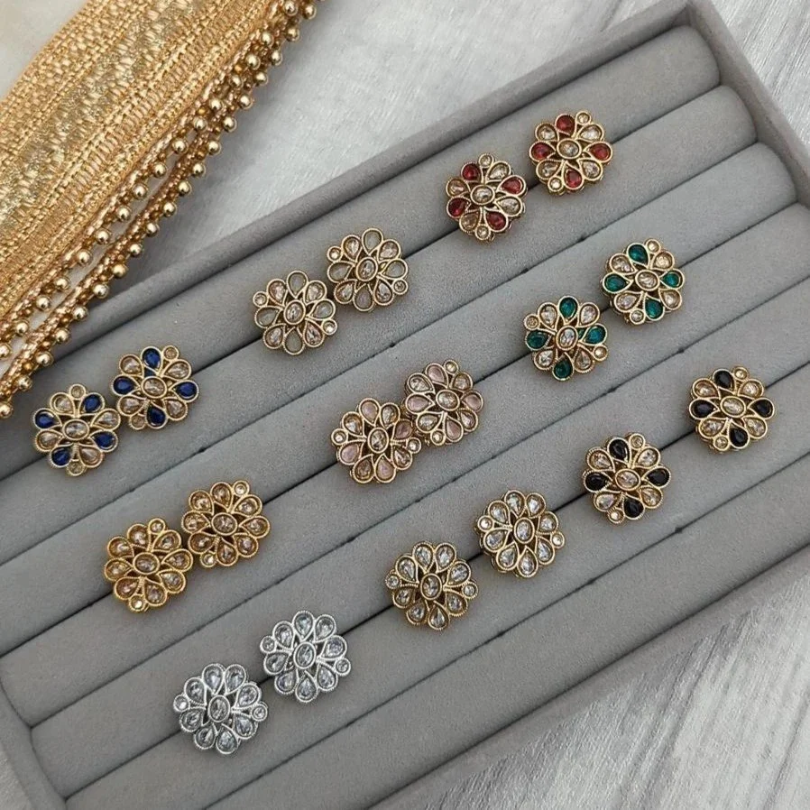 Simple Polki Stone Indian Asian Stud Earrings Flower Girls Childrens Simple Partywear