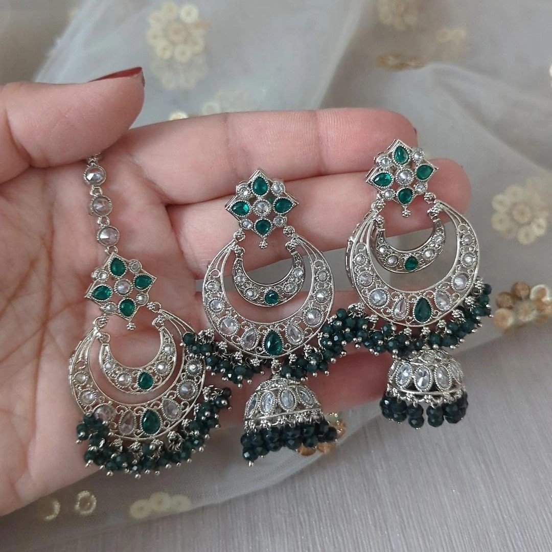 Green Full Silver 'SEENA' Jhumki Earring Tikka Set