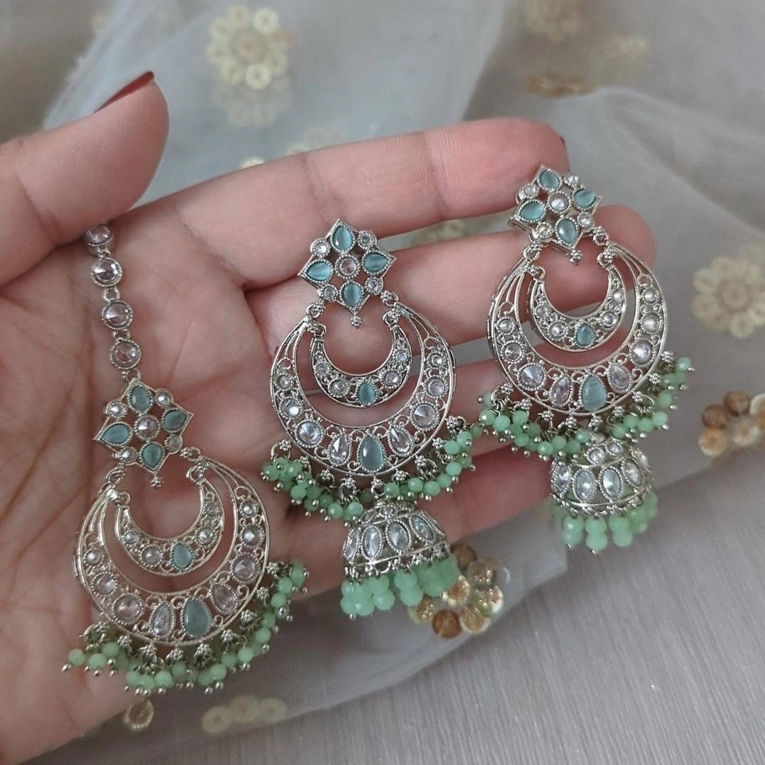 Mint Full Silver 'SEENA' Jhumki Earring Tikka Set