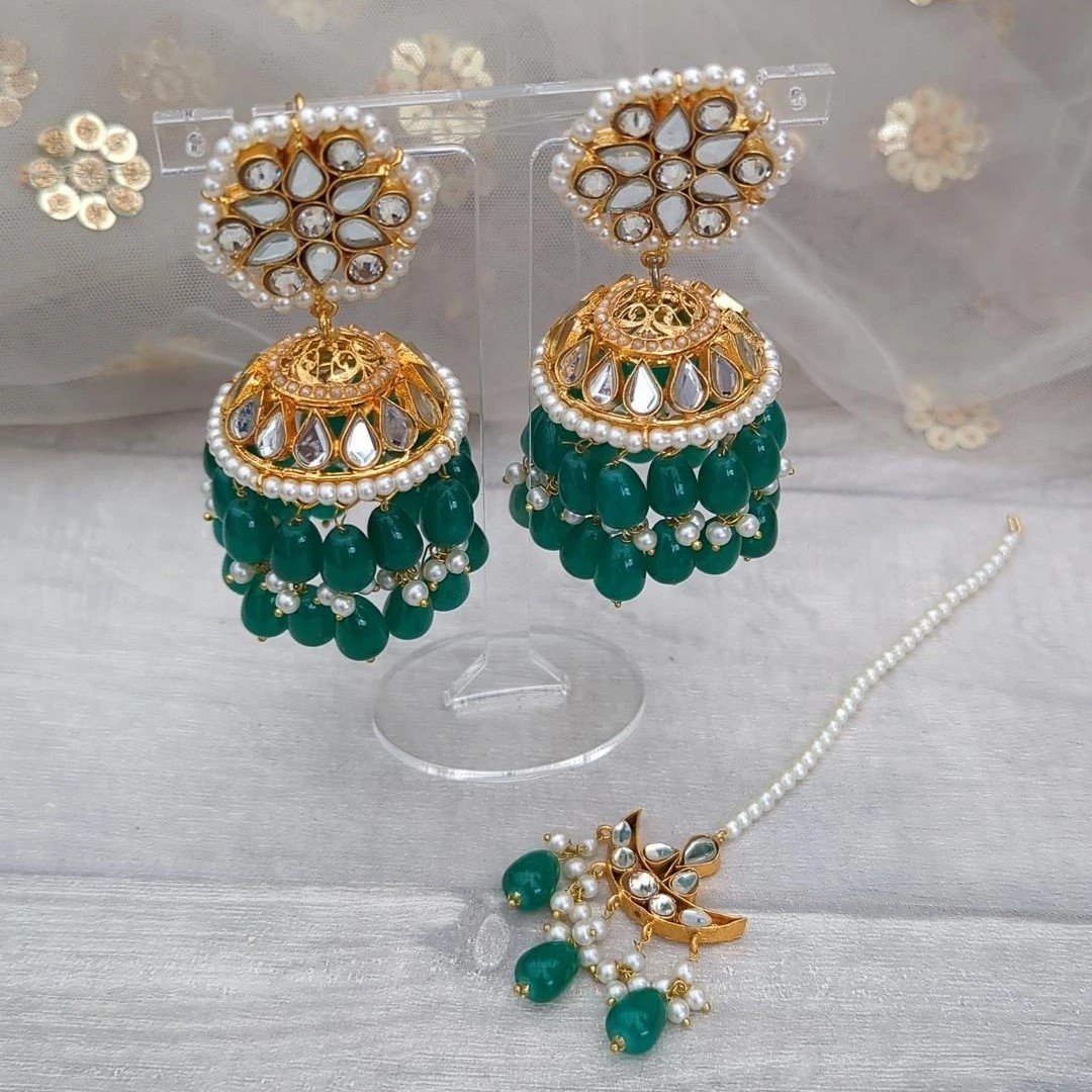 Green Gold Silver Mirror Stone Jhumki Earring Tikka Set